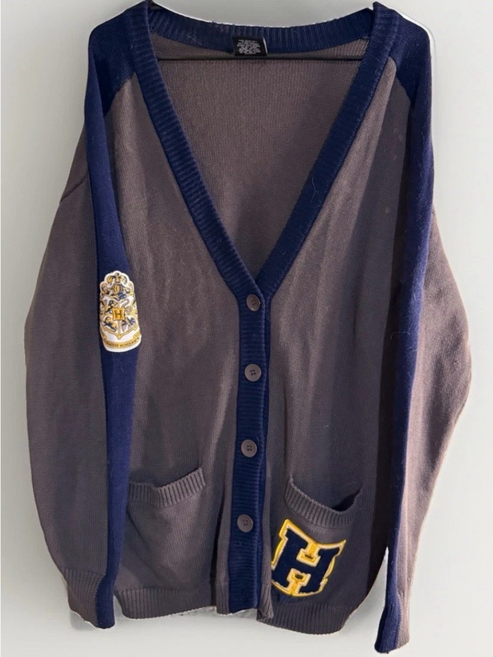Harry Potter Hogwarts Varsity Cardigan Sweater Patch BoxLunch Grey Navy Blue L